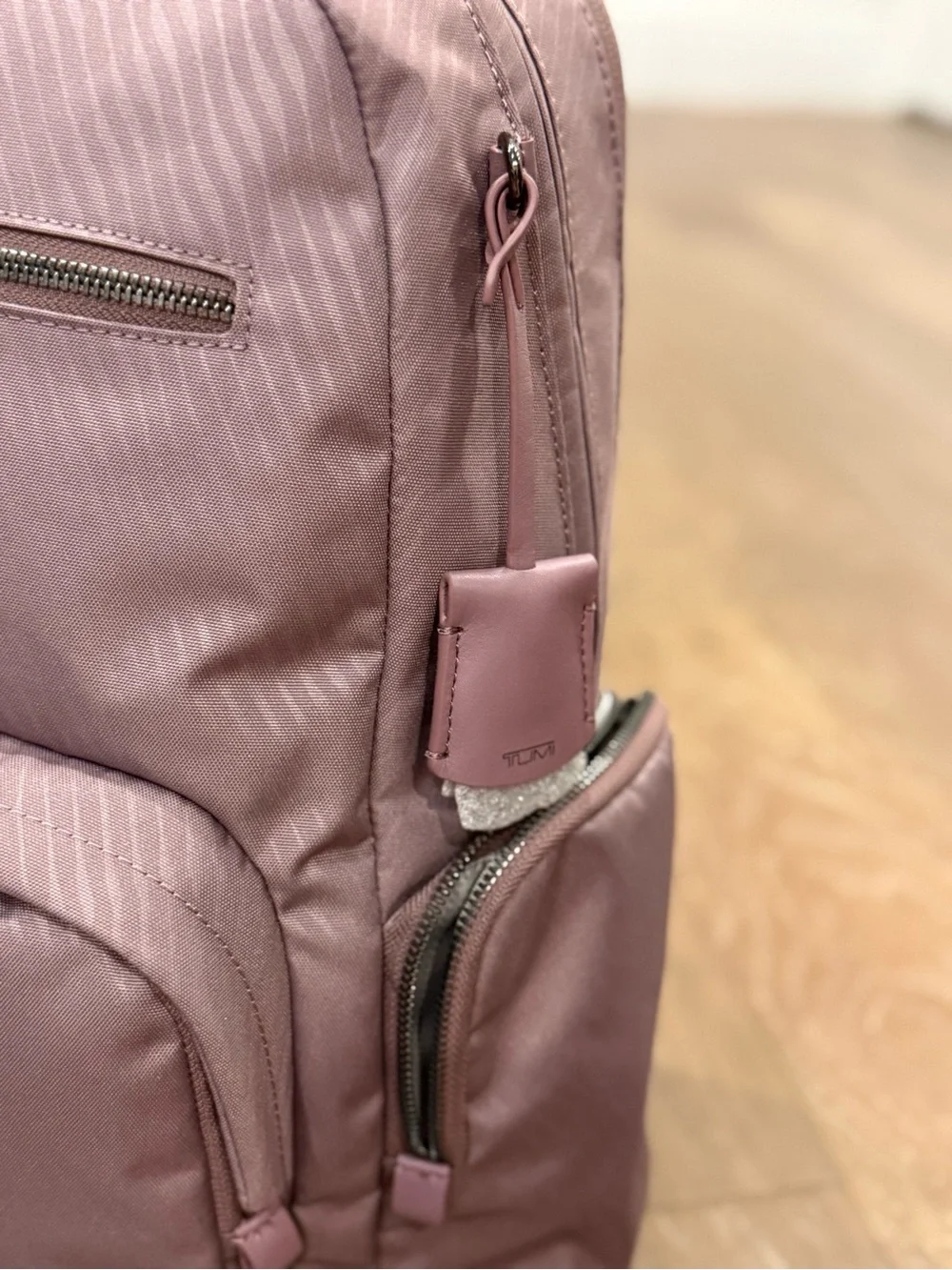 Tumi Mauve Pink Caren Backpack Fits 15” Laptop with multiple components
